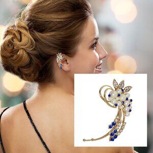 Ear Cuff- NEW- Fashion Women Blue Gold Tone Pearl Stones Left Ear Wrap Earrings